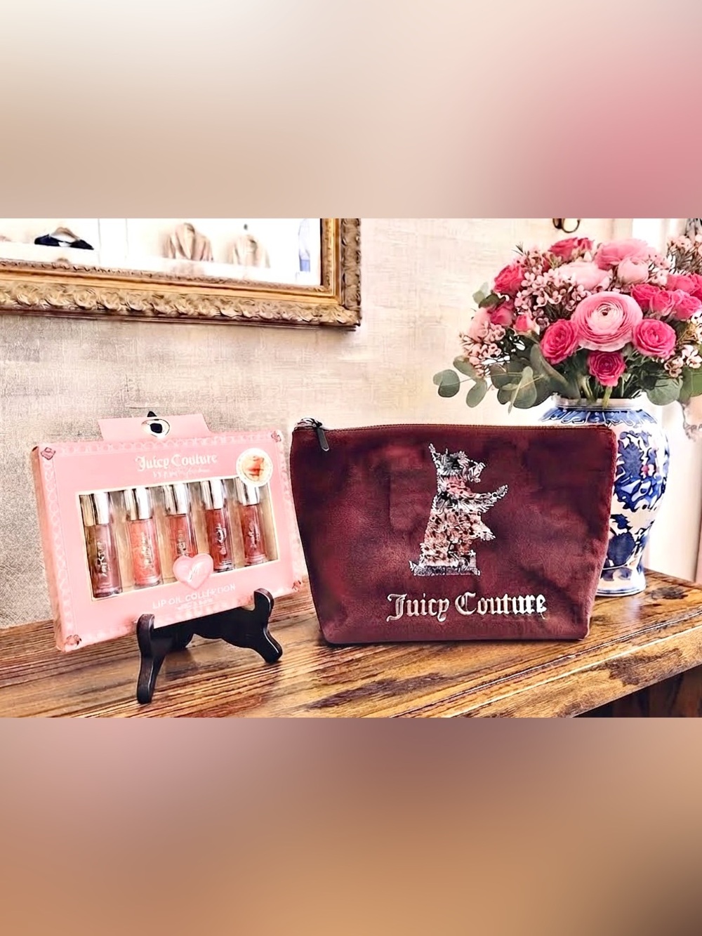 Juicy Couture Burgundy Velour Rhinestone Scottie Makeup Bag NIB Lipgloss Set HTF